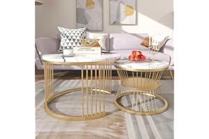 JOROBURO Mesas auxiliares anidadas, mesas redondas y auxiliares con estante abierto, parte superior de madera duradera y elegante marco de metal dorado, ideal para decoración de sala de estar (blanco)