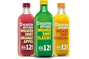 Kloster Kitchen Lot de 3 shots de gingembre bio 12SHOTS - 3 x 360 ml - Avec petites pièces de gingembre - Végétalien - 12 shots par bouteille en verre - Doux et épicé sans additifs et douceur
