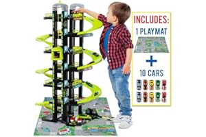 M MOLTO MOLTO | 7 piani parcheggio verde con garage, rampe, lavanderia, ascensore, stazione di benzina e area unta | Include 10 auto e arazzi | Giocattoli educativi per bambini| + 3 anni