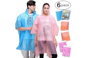 FONICE Emergency Rain Poncho Adult with Drawstring Hood - 6 Pack of Color Assorted Waterproof Thinker Ponchos - Lightweight yet Strong, Reusable or Disposable - for Concerts, Amusement Parks, Camping.