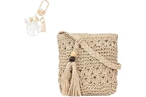 YSDYY 1 sac à bandoulière en paille pour femme, sac à bandoulière de plage tout assorti pour l'été, sac de loisirs creux à gland, 1 pendentif accessoire de plage à boucle en métal