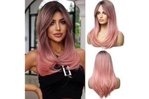 Esmee Długie Proste Ombre Różowe Peruki dla Kobiet Syntetyczne Warstwowe Jasnoróżowe Włosy Peruka z Grzywką na Codzienne Imprezy Cosplay Use-20 Cali