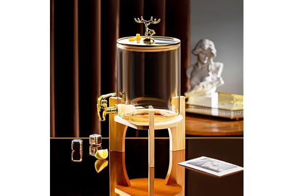 PrimeWorld 1 Pc 3.6 LTR Glass Water Beverage Dispenser with Wooden Stand - Air Tight Lid Glass Pitcher for Detox Water - Mason Jar - Counter Table Top Juice Beer Dispenser for Home Restaurant Party