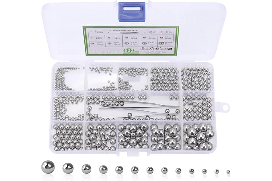 600Pcs Ball Bearings, Stainless Steel Ball Bearing, 13 Sizes Metric Precision Metal Bearing 2-10mm, Round Polished Ball Bearing Assortment Kit for Bicycles Skateboard Casters