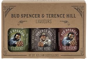 ‎ST. KILIAN DISTILLERS Bud Spencer und Terence Hill Likör Box - [3 x 50ml] - Deutsche Premium Liköre - Likör Geschenk Set - Fanartikel - Liköre Geschenke für Männer - Feuerwasser - Haselnusslikör - Pistazie