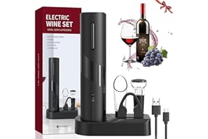 QSMYUYE Cavatappi Elettrico per Vino, Set di Apribottiglie Elettrico 6 In 1 con Base, Taglierina, Versatore, Tappo in Silicone per Vuoto, Linea di Ricarica USB