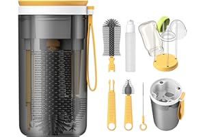 YOTIME Travel Baby Bottle Brush Set with Portable Silicone Bottle Brush, Nipple Cleaner Brush, Straw Brush, Soap Dispenser and Bottle Drying Rack, Yellow