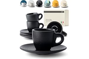 KIVY Espresso Tassen Set [4x 75ml] - Espressotassen mit Untertassen - Handgefertigte Espresso Tassen dickwandig - Italienische Espressotassen Steingut Dickwandig - Schwarz