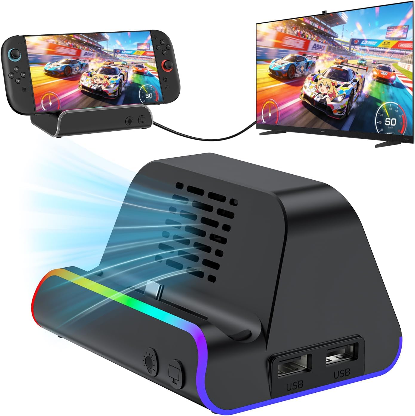 Switch 2 Dock, Docking Station for Switch 1/2, Charging Dock with 4K@120Hz HDMI Output/100W Charging Input/USB 3.0 /Cooling Fan