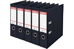 Esselte, N°1 Power, Pack de 5 Classeurs à levier, Noir, Dos 75mm, A4, PP, 162570