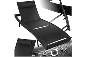 tectake® Chaise Longue Bain de Soleil en Résine Tréssée, Résistant Dossier Inclinable sur 6 positions, Appuie-tête inclus Transat Salon de jardin exterieur Mobilier de Jardin Chaise Longue Relax Plage