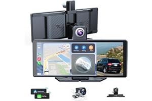 Tucarwyi 10.26" Wireless Portable Carplay Screen CarPlay & Android Auto Car Stereo 360 Rotation 4K Dash Cam 1080p Rear Camera Mirror Link Voice Control, GPS Navigation, FM Radio Receiver