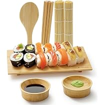 Kit à Rouler Sushi Exzact En Bambou | 4 Pièces : 2 Tapis, Cuillère à Riz, épandeur | Naturel