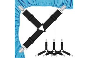 Quelcc Attache Drap Housse, Set de 4 Pièces Noir Aattache Drap Housse, Pince Drap Housse avec Pinces Métalliques, Élastiques Ajustables Sangle Drap Housse pour Draps, Matelas, Ou Canapé