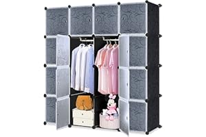 LZQ - Armadio multiuso fai da te, sistema di scaffalatura in plastica, guardaroba con porta, scaffale a incastro per la conservazione a prova di polvere con 16 cubi