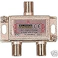 2 Way F-Connector (Satellite) Cable Splitter - DC Power Pass Through - Metal Casting - 1 x Female to 2 x Female (Split RF Coax Signal from ONE Source to TWO Displays)
