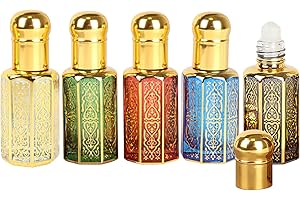 JasCherry Lot de 12ml 5 Bouteilles D'huile Vintage, Bouteilles en Verre Roll-on Vides Huile Essentielle, Rechargeable Rouleaux D'huiles Essentielles Flacon Verre Bille