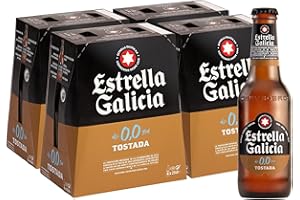 Estrella Galicia 0,0 Tostada - Cerveza Lager sin Alcohol, Pack de 24 Botellas x 25 cl, Sabor y Aroma Tostado y Equilibrado, 0% Volumen de Alcohol