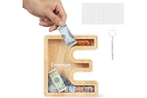DONJIM Personalized Wooden Money Box, 7" Letter Piggy Bank, Clear Money Gift Box, Detachable Money Jar, with DIY Alphabet Stickers and Screwdriver, Alphabet E Money Tin