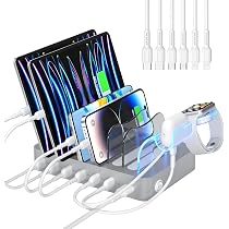 Station De Charge SooPii 6 Ports USB 50W - Avec 6 Câbles Et Support IWatch | Blanc