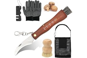 RANJIMA Coltello per Funghi, Coltello Funghi con Spazzola, Borsa da Caccia, Affilacoltelli, Pennello per Funghi, Coltello Pieghevole per Esterni con Manico in Legno, per la Raccolta dei Funghi