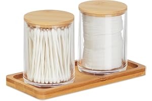 Relaxdays Pojemnik na patyczki higieniczne z tacą, 2 kubki z pokrywką, organizer na kosmetyki tworzywo sztuczne/bambus, przezroczysty/naturalny