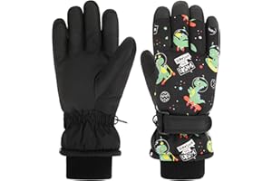 QKURT Guanti da Sci per Bambini per Ragazzi e Ragazze, Guanti da Neve Impermeabili Invernali, Guanti per Sport all'Aria Aperta per Tempo Freddo con Motivo Dinosauro per Slitta Snowboard Sci, 7-9 Anni