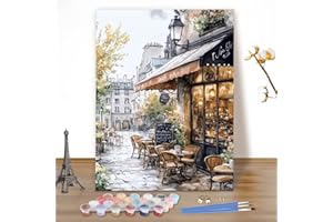 MEIYUDA Pintar por Numeros Adultos Vista de Calle Paisaje, DIY Painting by Numbers Kits Cuadros por Numeros, Pintura de Bricolaje Sobre Lienzo con Pinceles Decoración para el Hogar 40x50cm(sin marco)