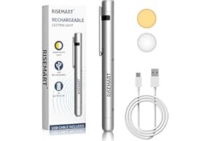 RISEMART Lampe de diagnostic pupille avec appareil de mesure de la pupille et règle, blanc chaud/froid, rechargeable par USB, lampe stylo LED pour infirmière, étudiant, médecin (argenté)