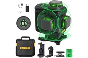POPOMAN Niveau Laser 4x360°, Autonivelant Laser Vert 16 Lignes 4D Professionnel, Écran LED, Mode Impulsion, 5200 mAh Batterie Rechargeable Intégrée, TYPE-C, Tête de chargement - D8 Ultra Max