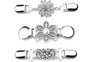 DAWWOTI 3 Pcs Siliver Woman Cardigan Clip Vintage Sweater Clips with Flowers Rhinestone ,Scarf Collar Metal Clip Sweater Chain Creative Silver Cardigan Clip for Blouse Cardigan Dresses Shawl Jacket