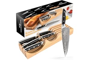 NANFANG BROTHERS Bloc à Couteaux dans un tiroir avec 5 Couteaux en acier Damas, Couteau de Chef, Couteau à pain, Couteau Santoku, Couteau Utilitaire, Couteau d'office, Organiseur de tiroir à Couteaux