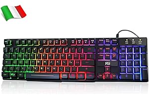 Rii Gaming RK100+ (layout ITALIANO) - Tastiera italiana da gioco retroilluminata a LED (arcobaleno) con tasti multimediali, paragonabile a una tastiera meccanica