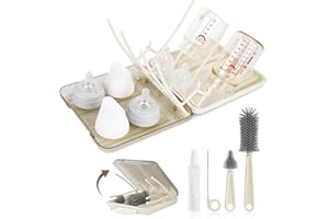FXXQHT Baby Bottle Brush Set, 6-in-1 Travel Bottle Cleaning Kit with Silicone Bottle Brush, Nipple & Straw Brush, Soap Dispenser, Drying Rack & Storage Box – Compact Baby Essential for Home & On-The-Go