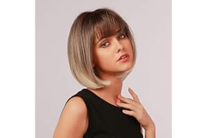 HAIRCUBE naturel court Bob perruques droites pour les femmes Omber brun à blanc perruques avec frange racine brun foncé utilisation quotidienne