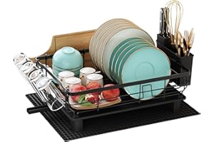MAJALiS Dish Drainer Rack with Drip Tray, Dish Drainer with 360° Swivel Spout and Drainer Mat, Stainless Steel Dish Rack with Cup Holder and Cutting Board Holder for Kitchen Sink, Black