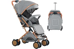 HUOLE Cochecito de caña de bebé ultraligero, compacto y plegable, inclinable desde el nacimiento hasta 25 kg, con sistema Trolley, funda de lluvia y capucha extensible -B-gris