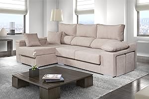 ECCOX - Sofá Chaise Longue Rubí 3 Plazas - Asientos Deslizantes, Cabeceros Reclinables y Arcón de Almacenaje - Cojines y Pufs Incluidos - Chaiselonge Izquierda Tapizado Tela Antimanchas - Color Beige