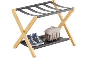 vovala Luggage Rack, Folding Suitcase Stand with Storage Shelf, Premium Bamboo Luggage Holder for Guest Room, Bedroom, Hotel, Closet, Holds up to 61 kg (Natural)