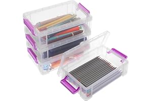 BTSKY Przezroczyste pudełko na długopisy, 4 sztuki, na przybory biurowe, wielofunkcyjne pudełka do przechowywania, 19,5 x 12 x 6 cm (fioletowa klamra)