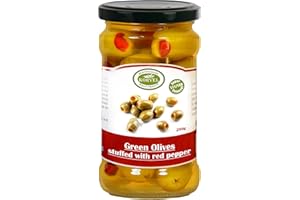 KORVEL MEDITERRANEAN QUALITY PRODUCTS KORVEL Premium Red Pepper Stuffed Olives | Exceptional Appetizers, Essential Ingredient in Healthy Cuisine | Rich in Antioxidants and Fiber | Hand Picked Green Olives (290g / 10.2oz)