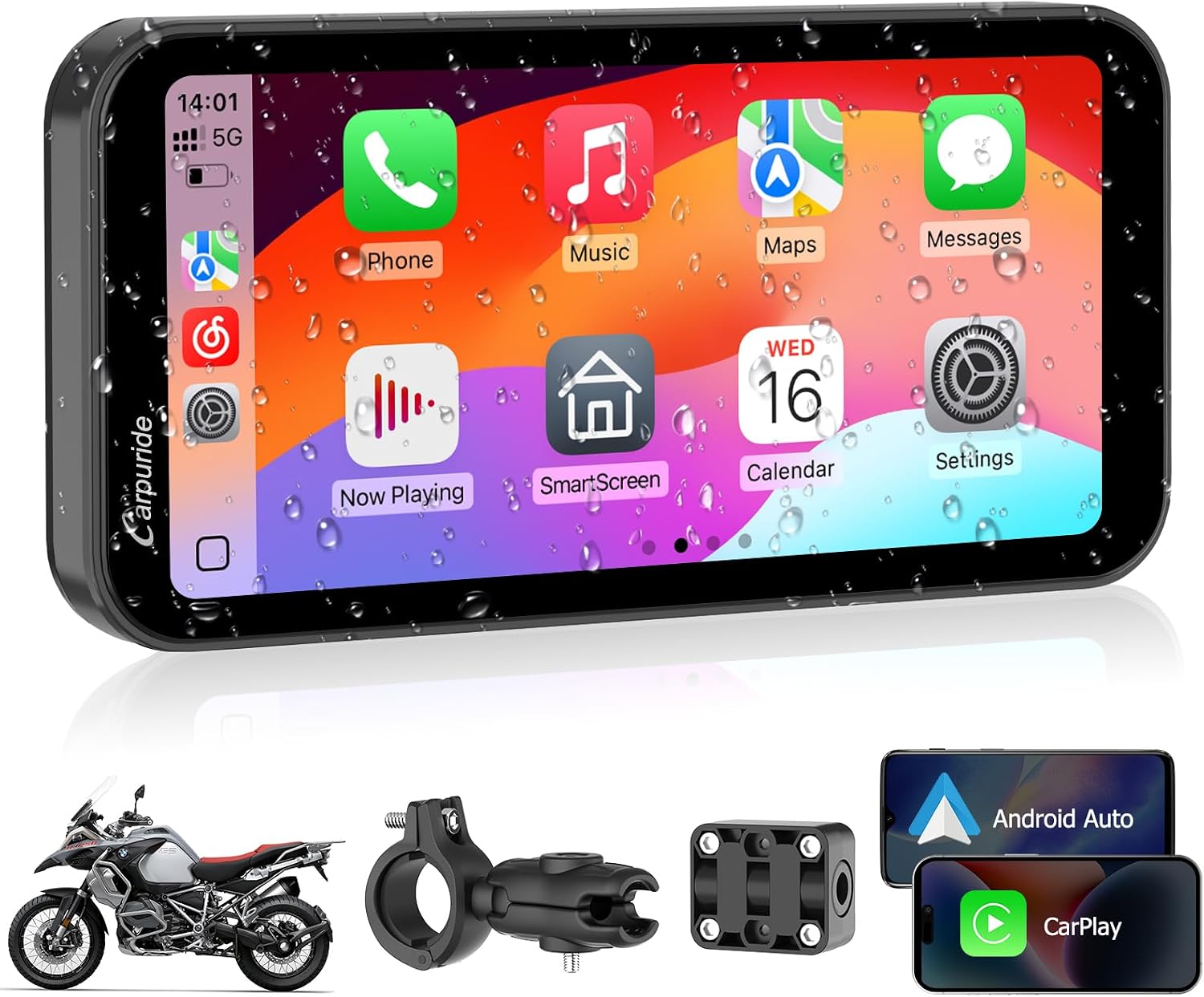 Carpuride W603 Pantalla Carplay para Motocicleta, CarPlay Inalámbrico y Android Auto para Moto, Control Remoto, Pantalla Táctil Impermeable de 6,3", Audio BT, Navegación GPS, Siri, Asistente de G00gle