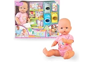 NENUCO - Cuida y Recicla, Muñeco Bebé de 42 cm y Cuerpo Duro y Body Rosa, Accesorios para Dar de Comer, Cambiar Pañal y Curar Heridas, Incluye 3 Contenedores de Reciclaje, +3 Años, Famosa (NFN98000)