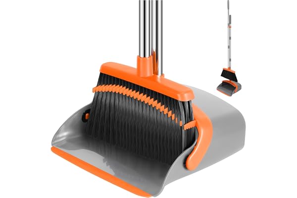 nacena Stainless Steel Broom and Dustpan Set, 52-in Long Adjustable Handle Broom Dustpan Combo with Dustpan Teeth to Automatically Clean Hair Suitable for Home Kitchen Office Hall Floor Grey&Orange