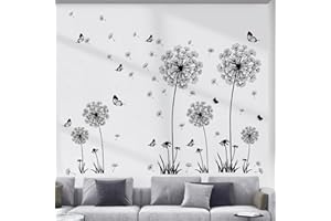 decalmile Stickers Muraux Pissenlit et Papillon Autocollant Mural Floral Noir Papillon Décoration Murale Chambre Salon Bureau (2 Packs)