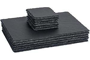Argon Tableware 12 Piece Rectangular Slate Placemats & Coasters Set - Black Natural Stone Dinnerware Plate Placemats Drink Mats for Kitchen, Home, Bar, Restaurant, Weddings, Events