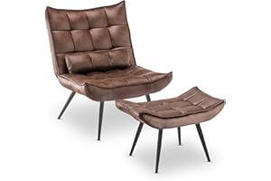 MCombo 4779 - Poltrona con sgabello, moderna, rilassante, con cuscino in vita, per il soggiorno, salotto poltrona da lettura retrò, vintage, imbottita, tessuto in microfibra, marrone