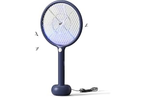 VEGREM Raqueta Mosquitos Electrica, 4000V, 2-en-1 Matamoscas Electrico, Lámpara Atrapa Mosquitos, Base de Carga USB, 1200mAh Batería Recargable, Luz LED, Malla Protectora de 3 Capas, Azul