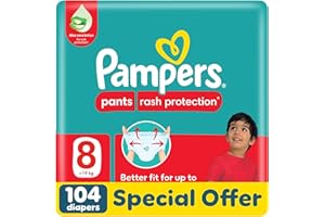 Pampers Rash Protection Pants Diapers, Size 8, 19+kg, with Aloe Vera, 360° Leak-Free Fit for up to 100% Leakage Protection, Mega Pack, 104 Count
