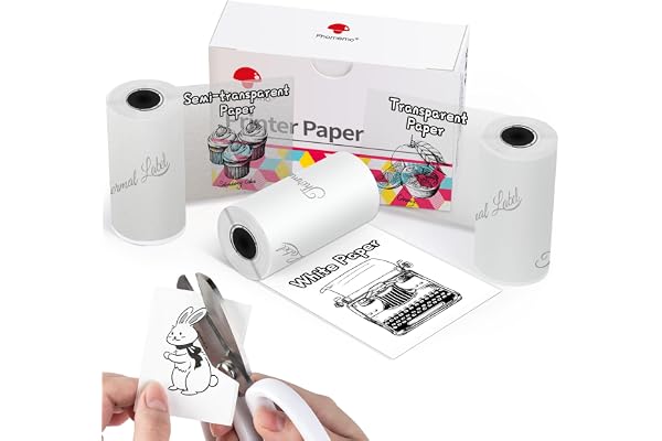 Phomemo Papier d'impression Autocollant pour Phomemo M02, M02PRO, T02, M02S, M02X, M02L, M03, M03AS, M04S, M04AS Mini Imprimante, Blanc/Transparent/Semi-Transparent, 3 Rouleaux